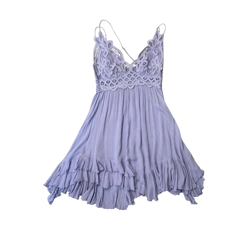 Free People Adella Slip Dress Lilac Purple M Lace Ruffle Feminine Boho Romantic